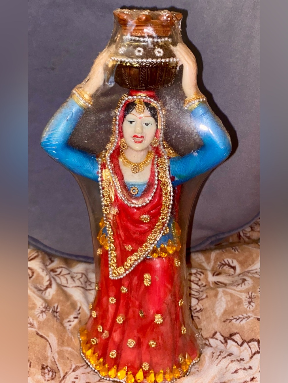 Indian Woman Carrying Water Pot Figurine Hand Painted Statue New Sealed Decor